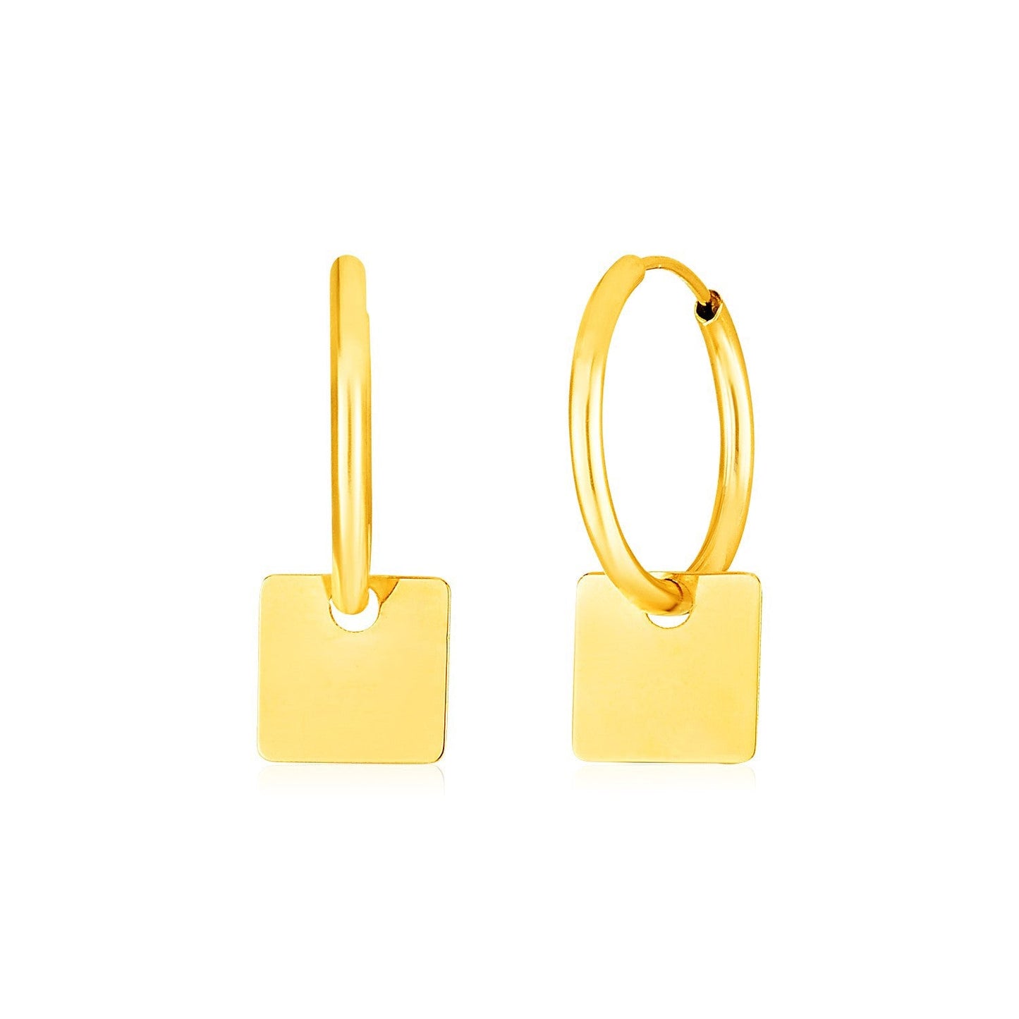 Boucles d'oreilles créoles huggie en or jaune 14k avec pendentifs carrés