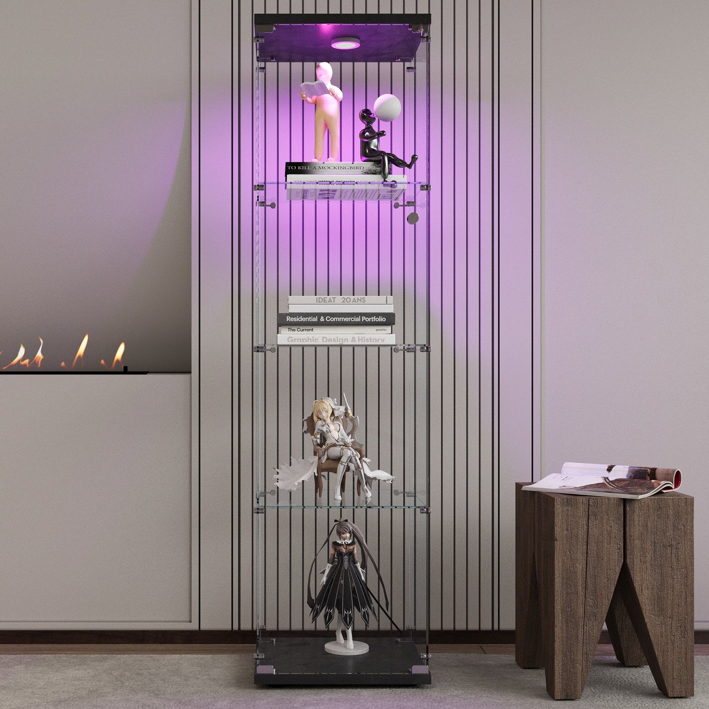 Cabinet d'affichage en verre LED élégant avec 4 étagères - Noir