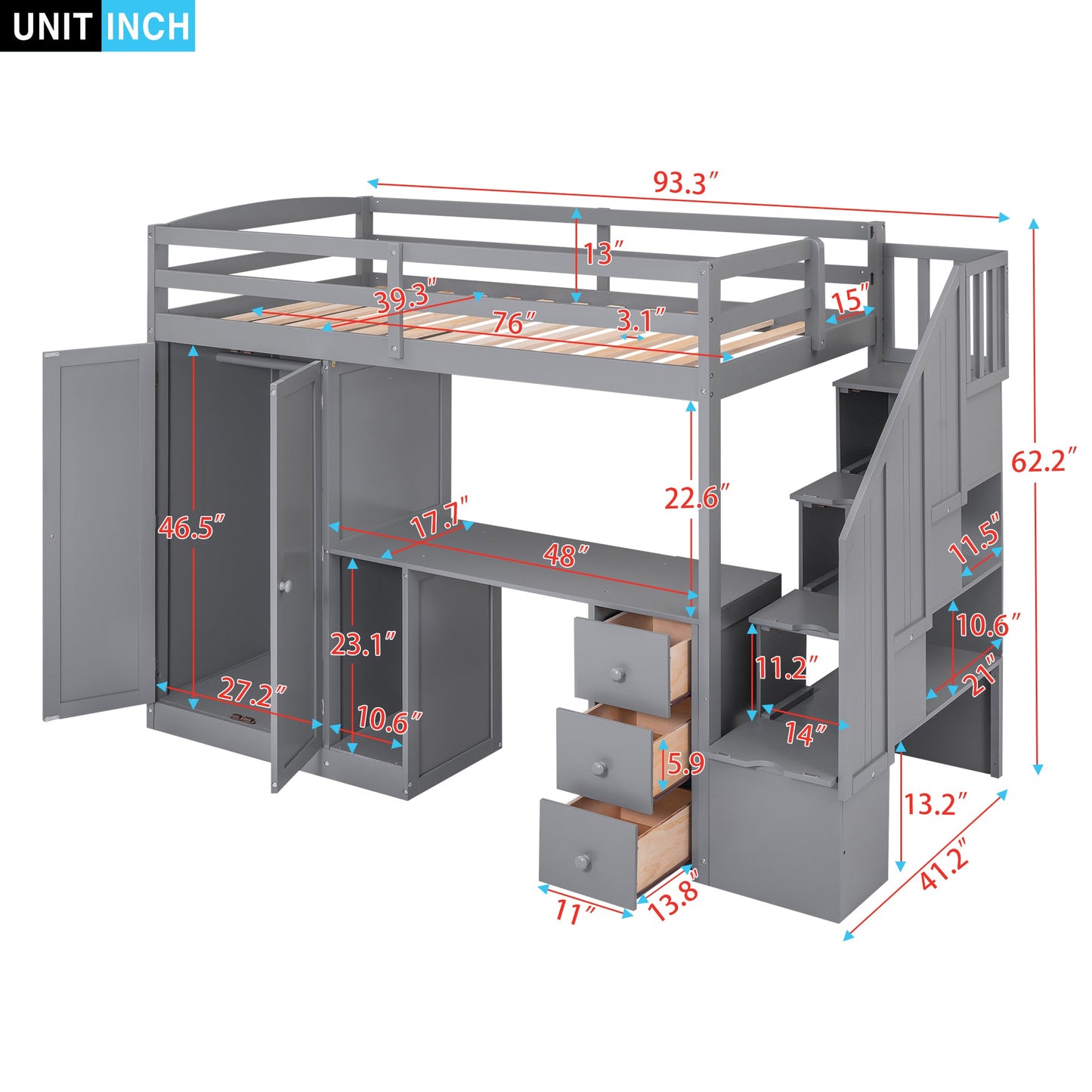 Cama loft tamaño twin con armario y almacenamiento en gris
