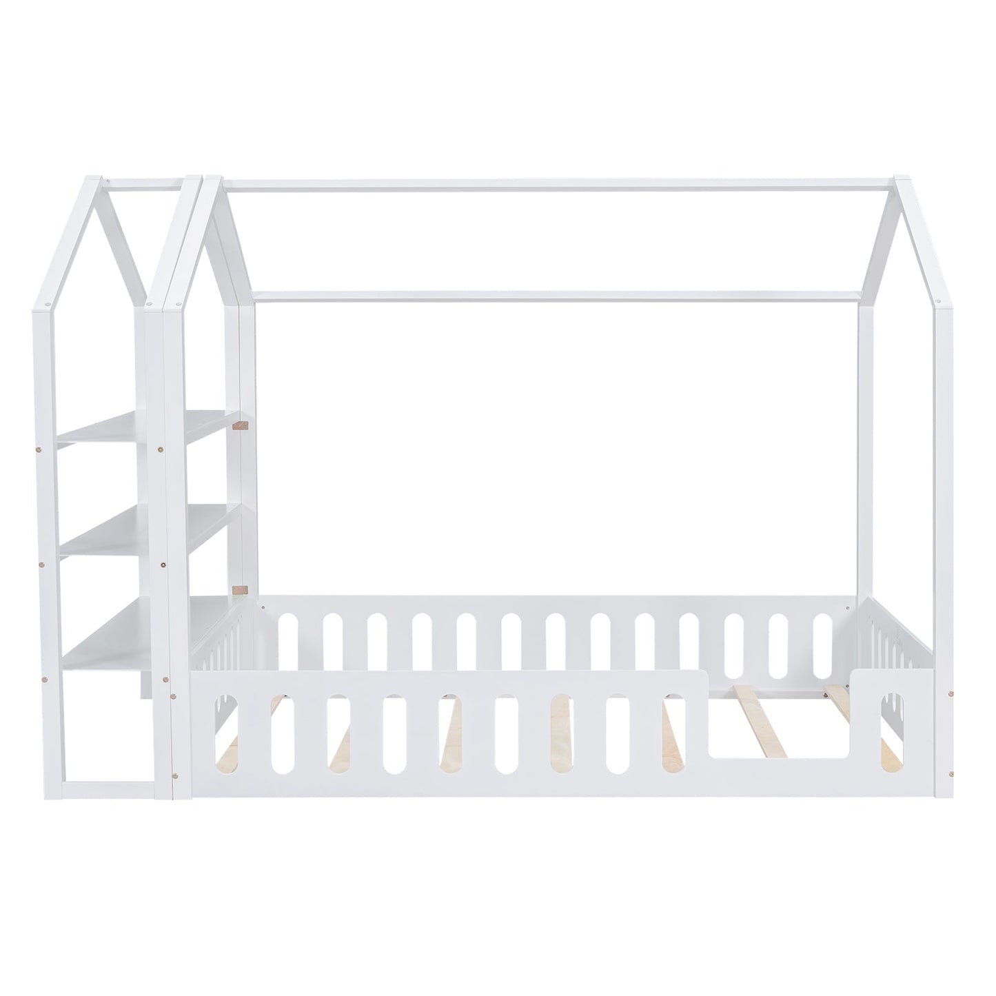 Full Size Wood House Bed with Fence and Detachable Storage Shelves, White - Korvel