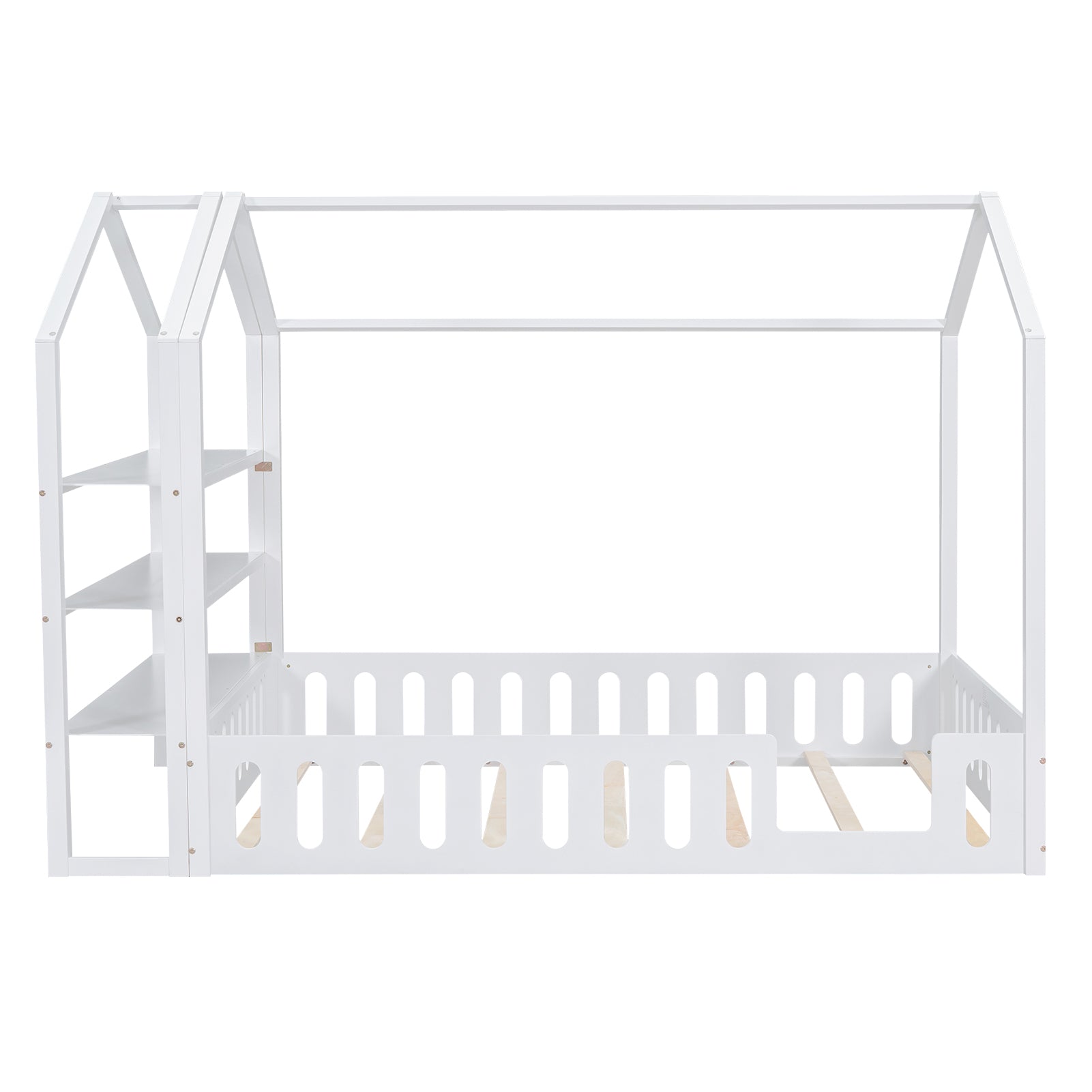 Full Size Wood House Bed with Fence and Detachable Storage Shelves, White - Korvel
