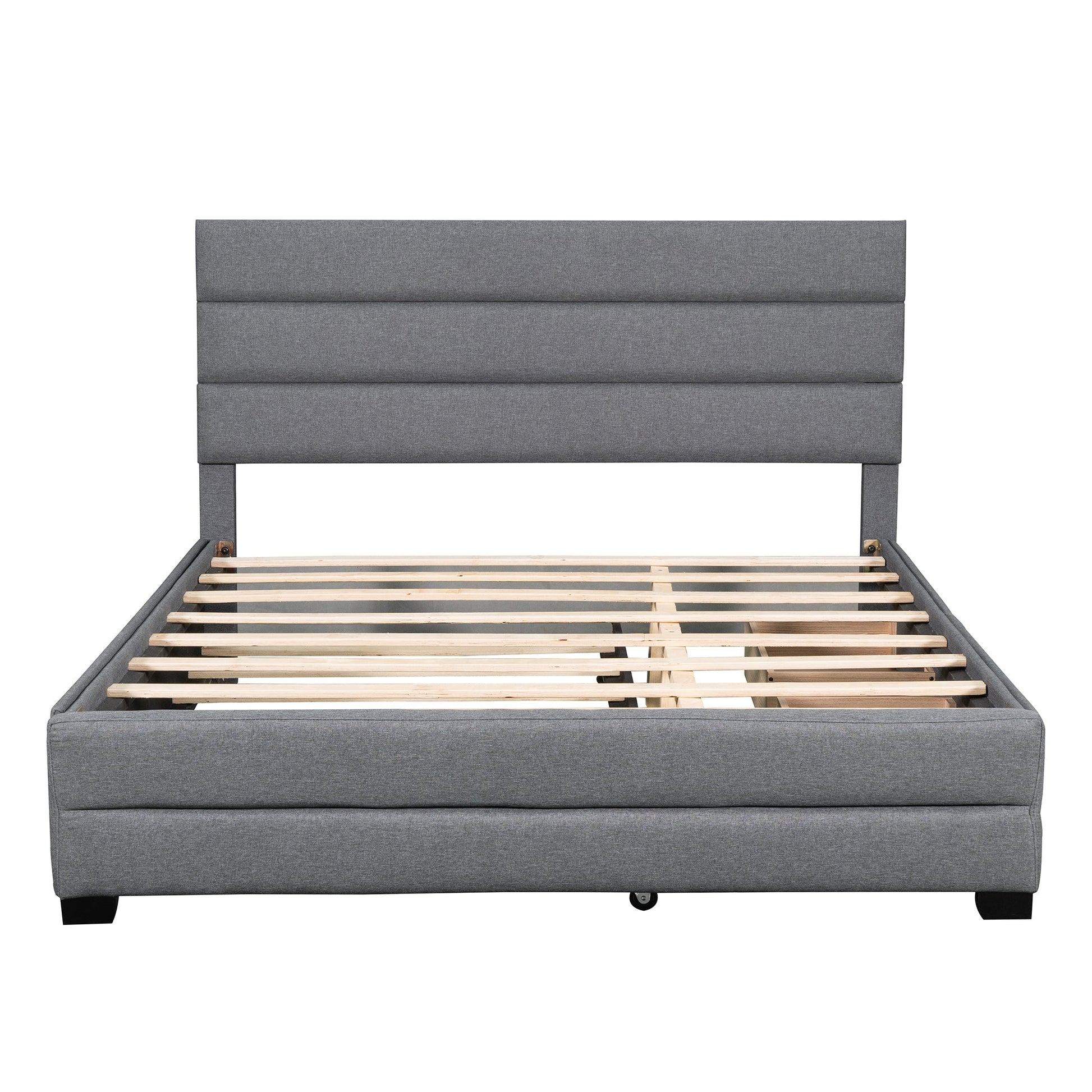 Queen Upholstered Platform Bed with Twin Size Trundle and Two Drawers Grey - Korvel