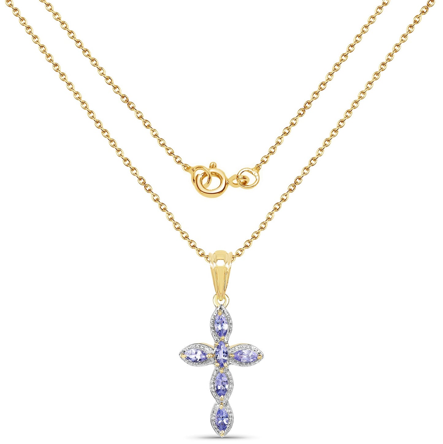 Colgante de Cruz de Tanzanita Baño de Oro Amarillo de 14K en Plata de Ley