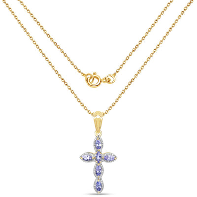 Pendentif croix en tanzanite plaqué or jaune 14K en argent sterling