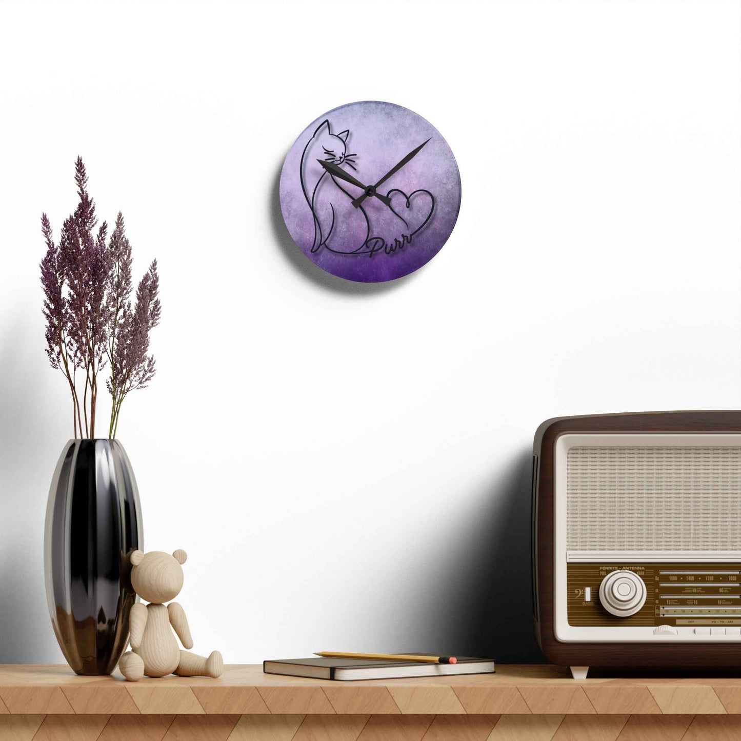 Purr Cat Heart Acrylic Wall Clock – Minimalist Cat Lover Decor