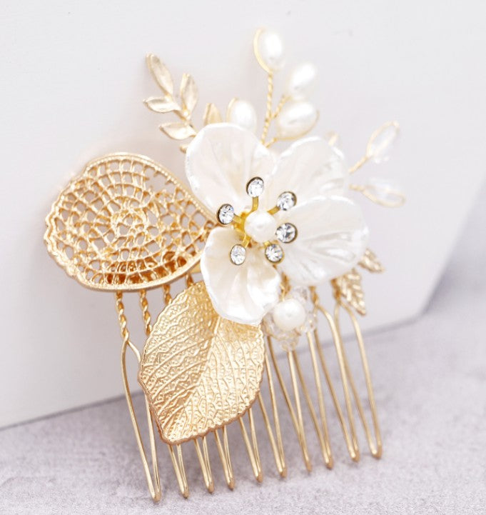 Golden leaf hair comb bridal headdress insert comb jewelry - Korvel