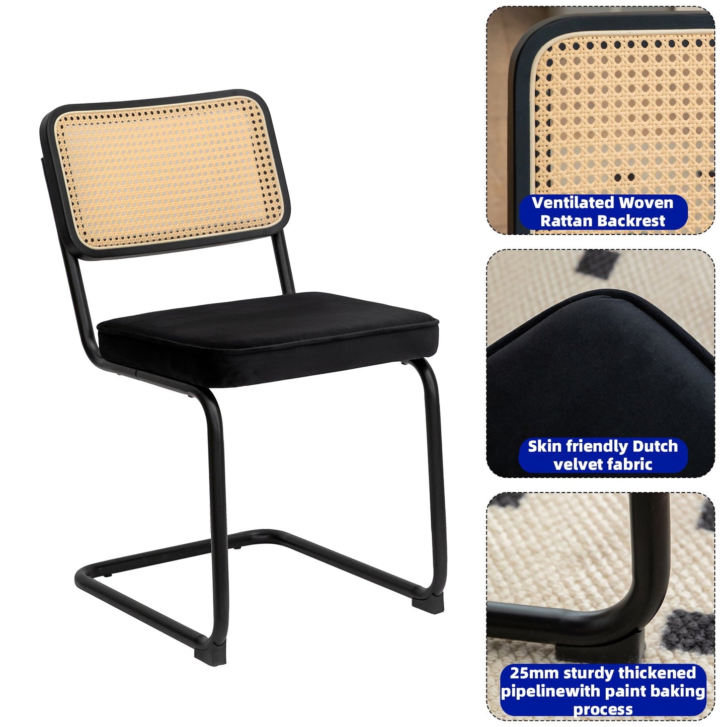 Dining Chairs Set of 2 velvet wicker side decorative chairs, black painted legs, modern medieval Bruell designed chairs, - Korvel