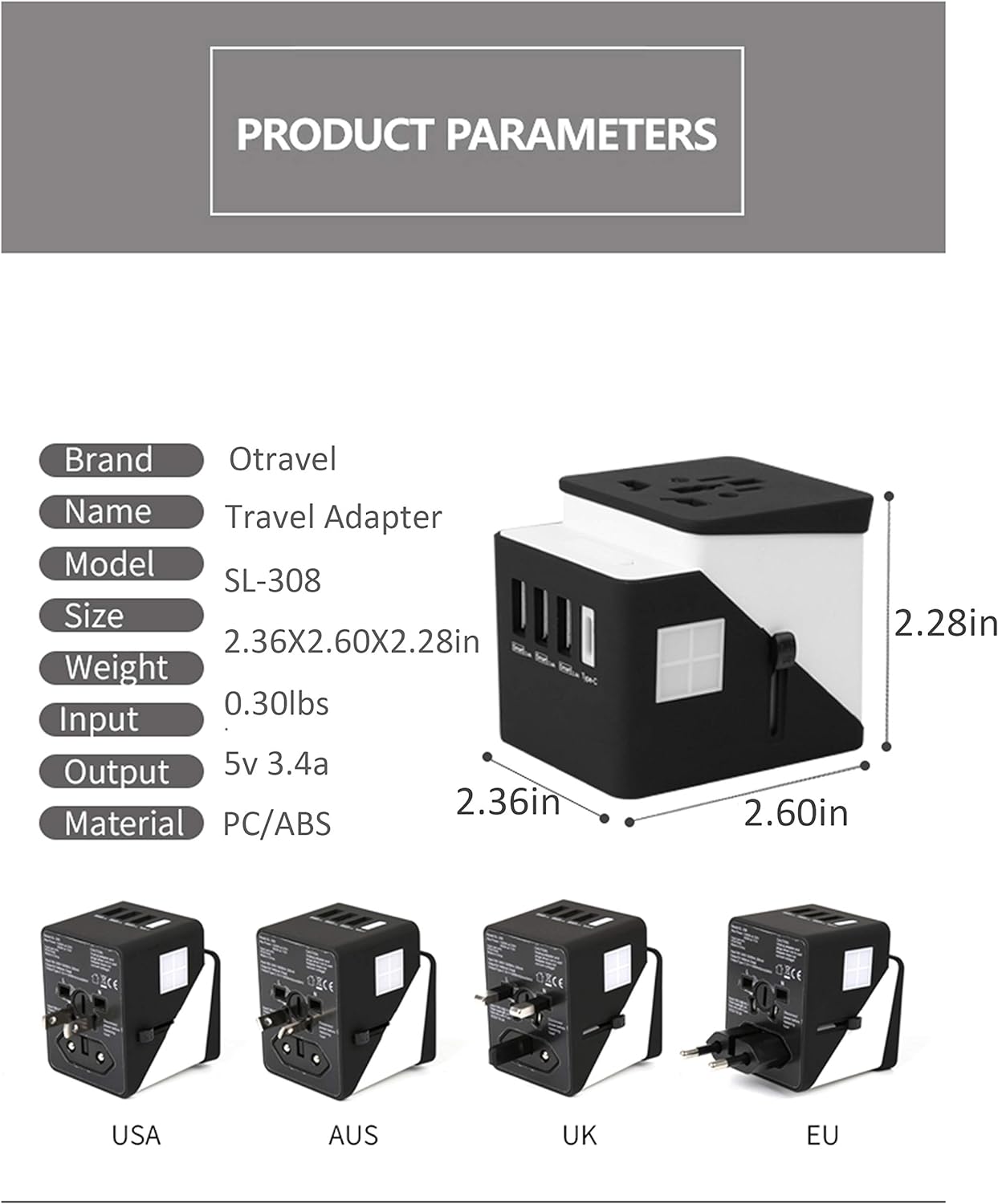 2019 , 3 USB + 1 Typc C International Power Adapter for Europe, UK, China, Australia, Japan and More 200 Countries Black Green - Korvel