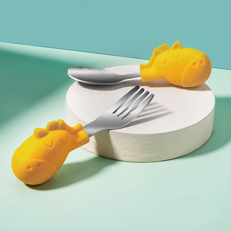Baby Gadgets Tableware Set Children Utensil Stainless Steel Toddler Dinnerware Cutlery Cartoon Infant Food Feeding Spoon Fork - Korvel