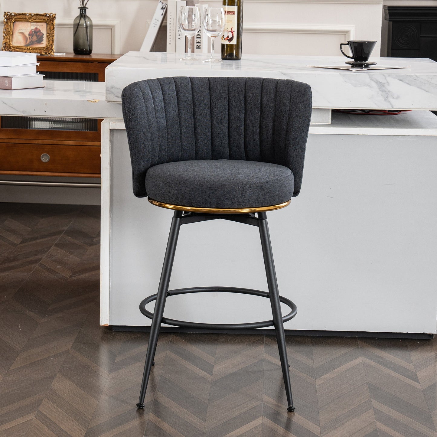 A set of 2 gray rotating bar stools - high backrest, adjustable, with elegant metal backrest decoration - Korvel