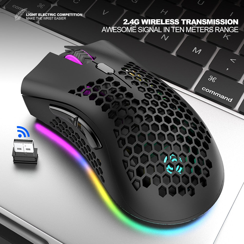 2.4GHz Wireless Gaming Mouse 7 Button 1600 DPI Adjustable RGB Backlit Rechargeable Mouse Lightweight Honeycomb Shell Gamer Mice - Korvel