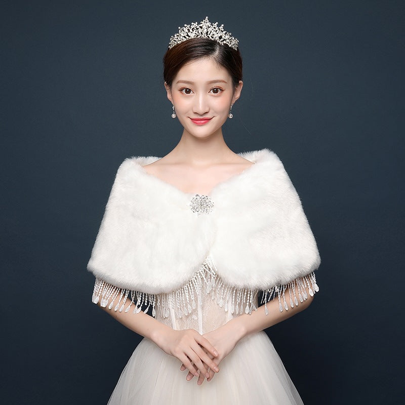 Bride's wedding dress fur shawl women's warm white cloak cheongsam jacket red cloak - Korvel