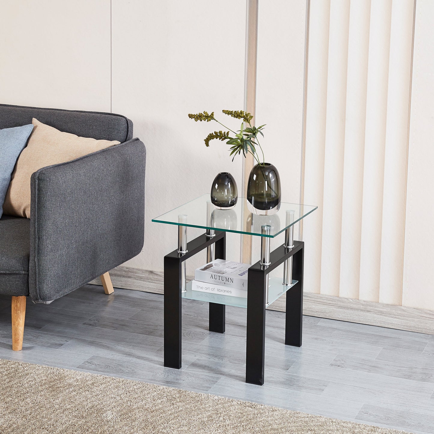 Tempered Transparent Glass End Table 2-Layers Small Table with Storage Living Room Side Table - Korvel
