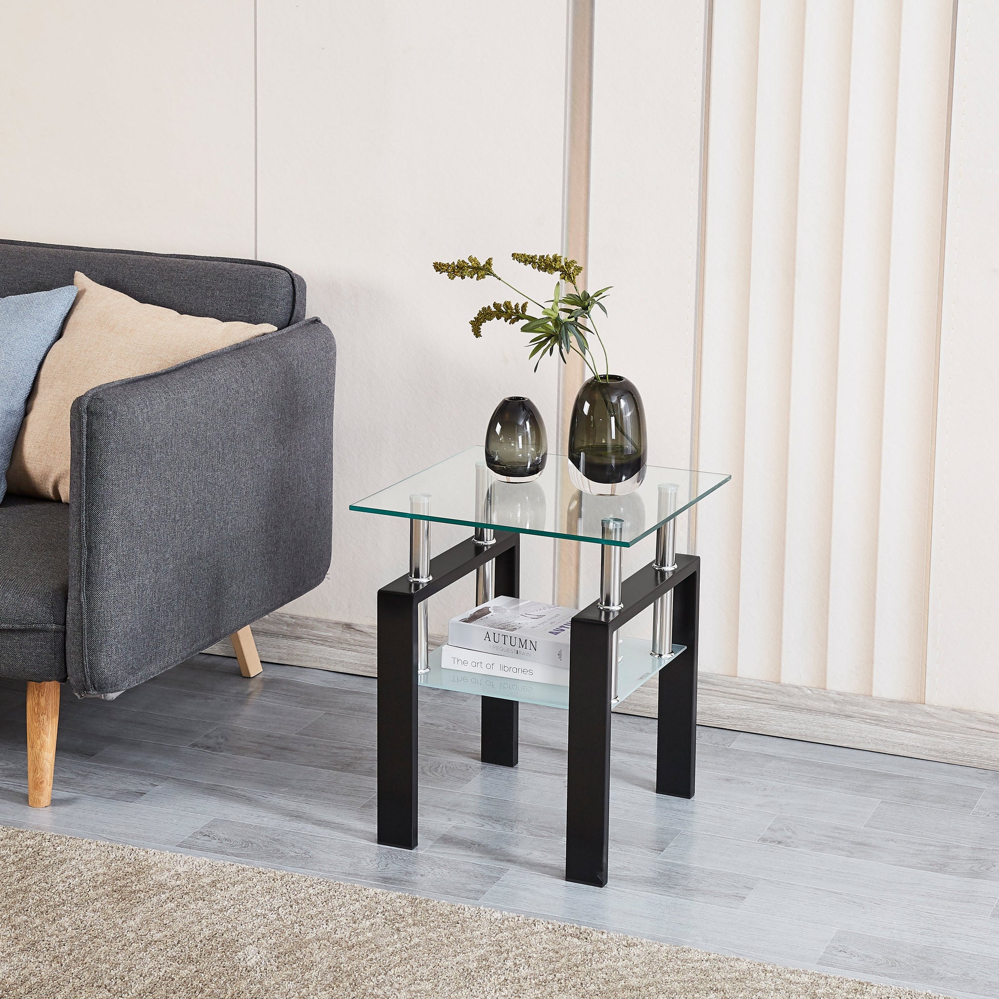 Tempered Transparent Glass End Table 2-Layers Small Table with Storage Living Room Side Table - Korvel