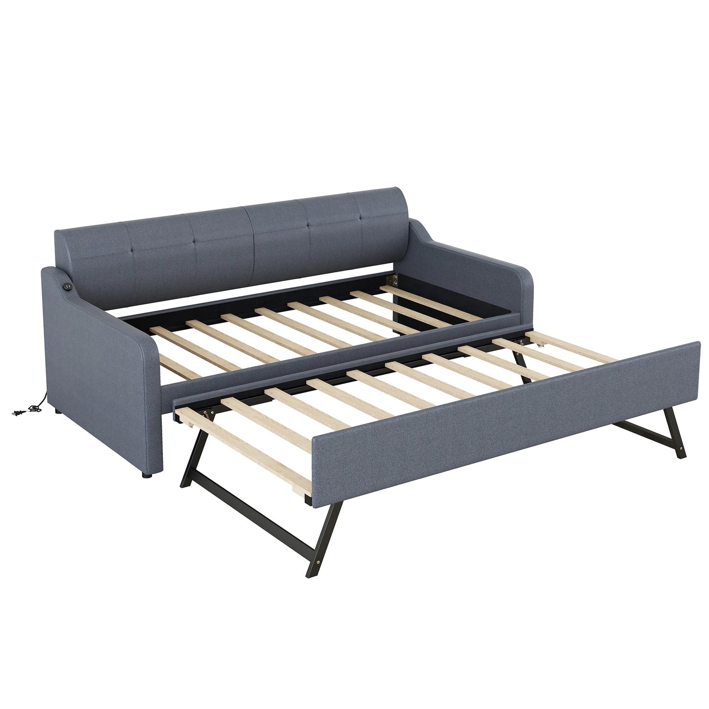 Twin Size Upholstery Daybed with Trundle & USB Charging - Gray