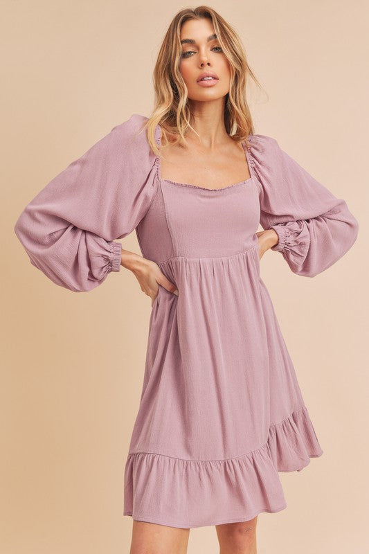 Summer Ruffled Hem Square Neck Balloon Sleeve Mini Dress