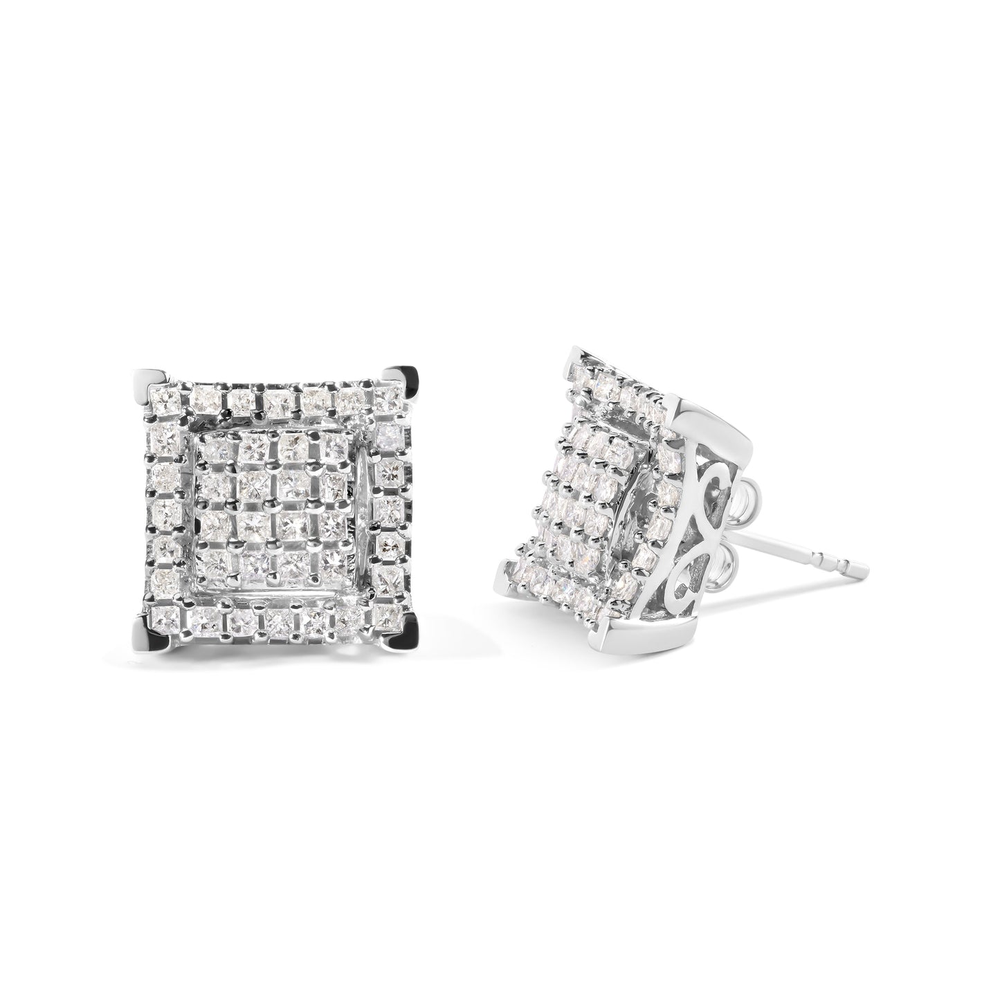Pendientes de Aro Cuadrados Dobles de Diamante Compuesto en Oro Blanco de 10K