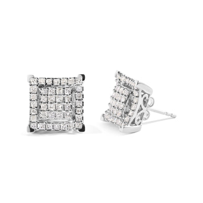 10K White Gold Princess Diamond Composite Double Square Halo Stud Earrings