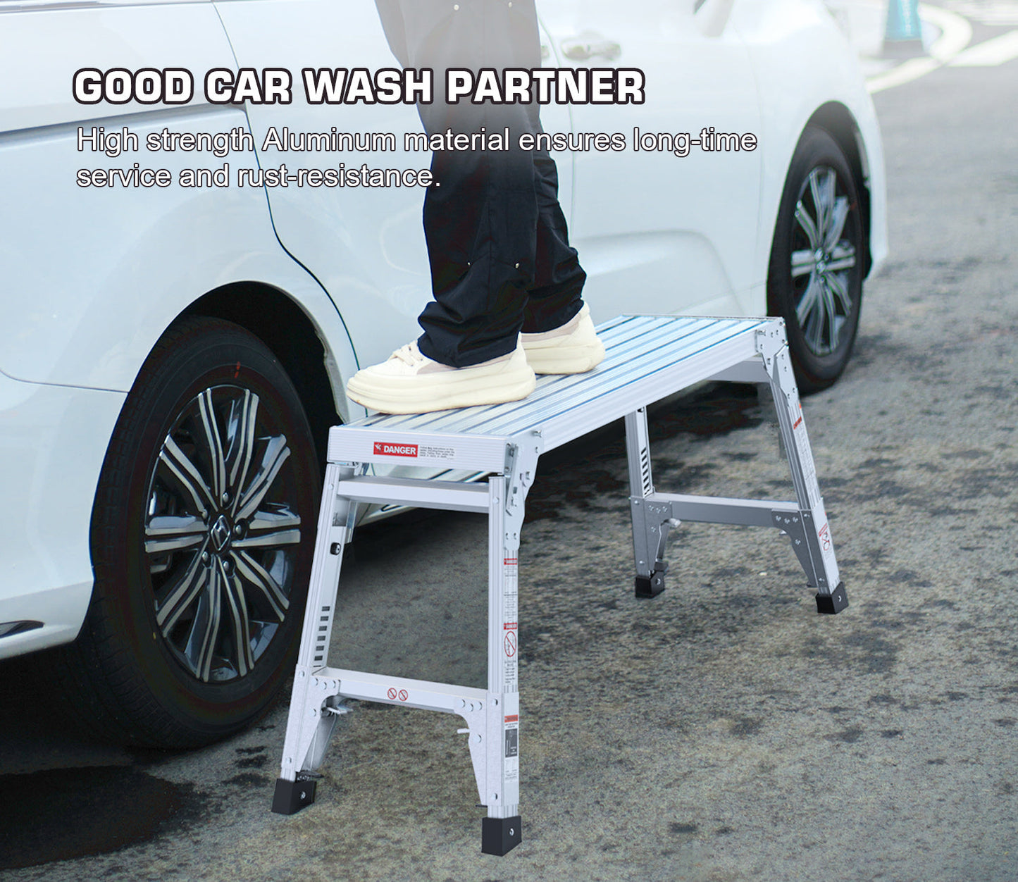 Aluminum Work Platform Large Size Step Stool Folding Portable Work Bench 40" Width Telescopic Feet 22" -27.5" Height Adjustable - Korvel
