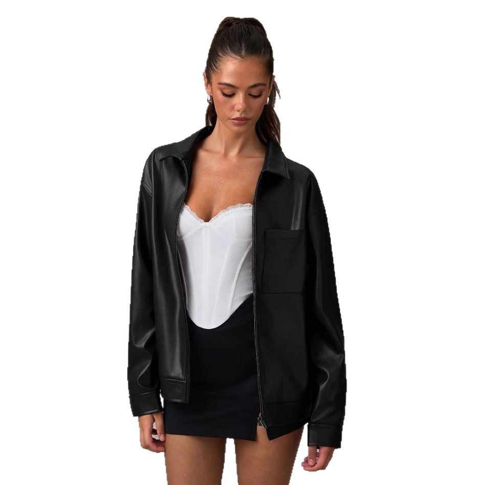 Chaqueta Bomber de Cuero Sofisticada con Cuello de Solapa