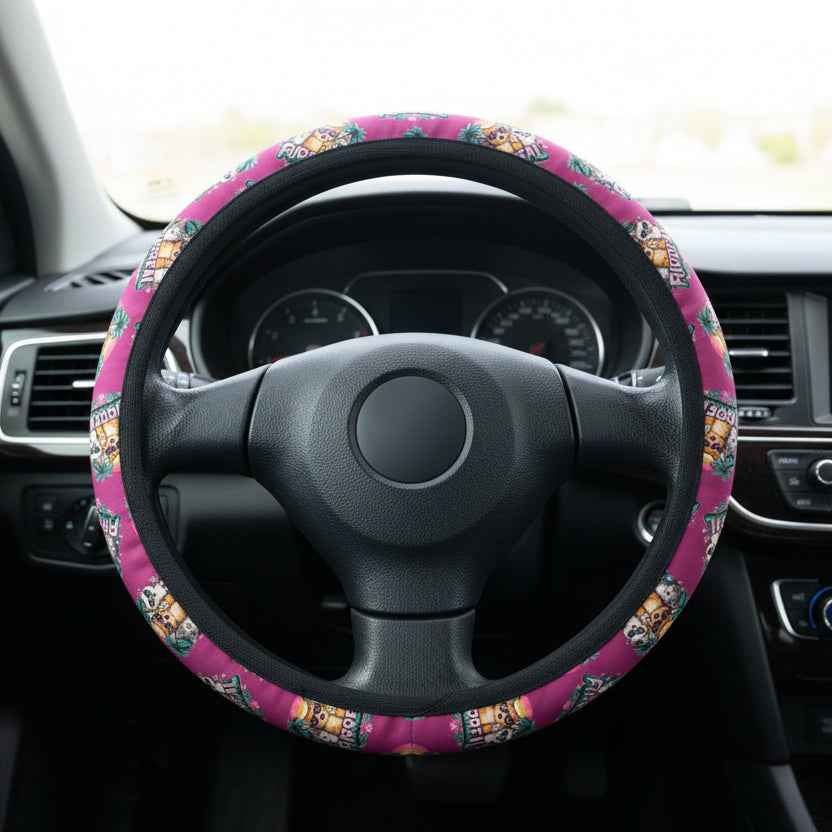 Furreal Retro Cat Steering Wheel Cover - Bold Pink Tropical Style