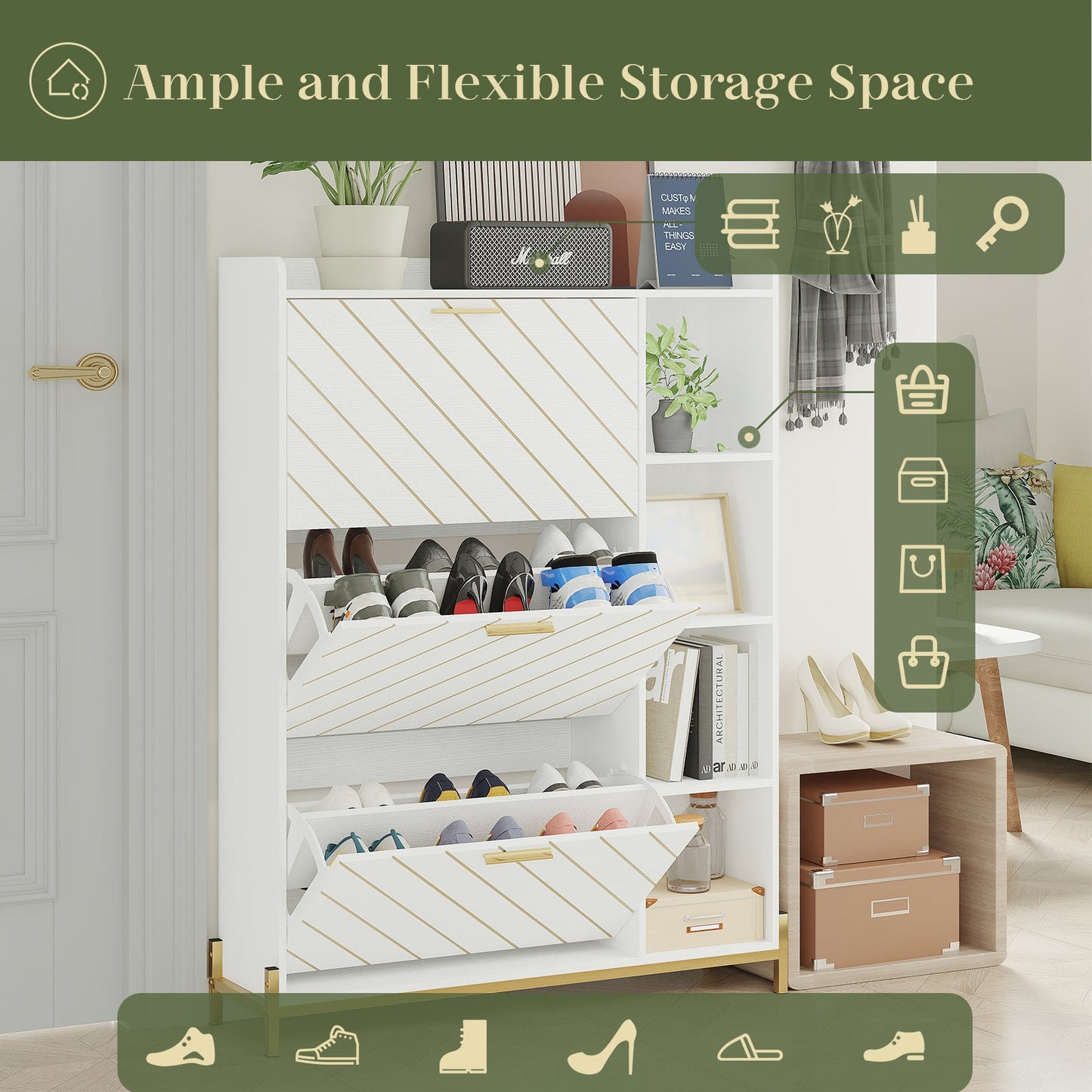 Shoe Cabinet with 3 Flip Drawers & Open Shelves, Modern Entryway Shoe Storage Cabinet Slim, Narrow Hidden Shoe Rack for Heels - Korvel