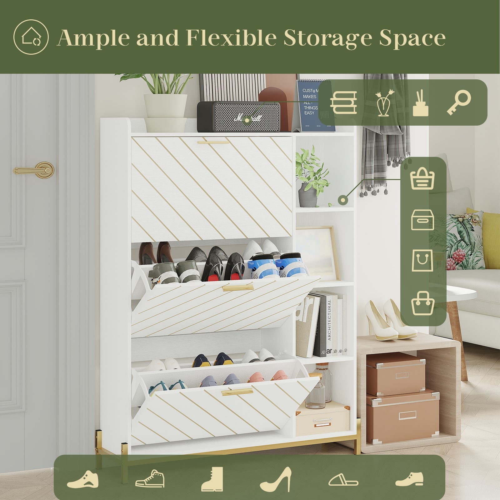 Shoe Cabinet with 3 Flip Drawers & Open Shelves, Modern Entryway Shoe Storage Cabinet Slim, Narrow Hidden Shoe Rack for Heels - Korvel