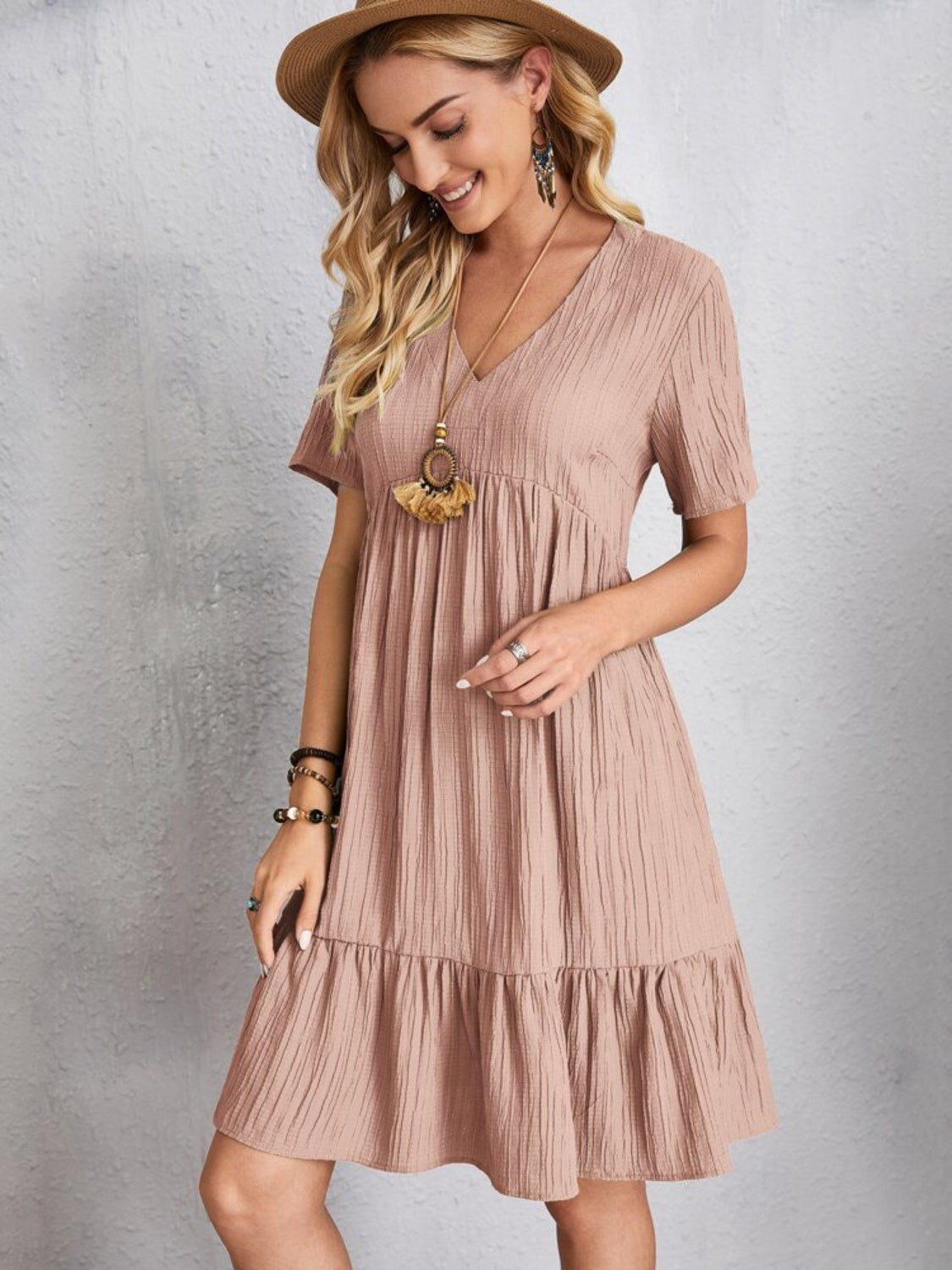 Vestido Clásico de Cuello en V de Manga Corta para Mujeres