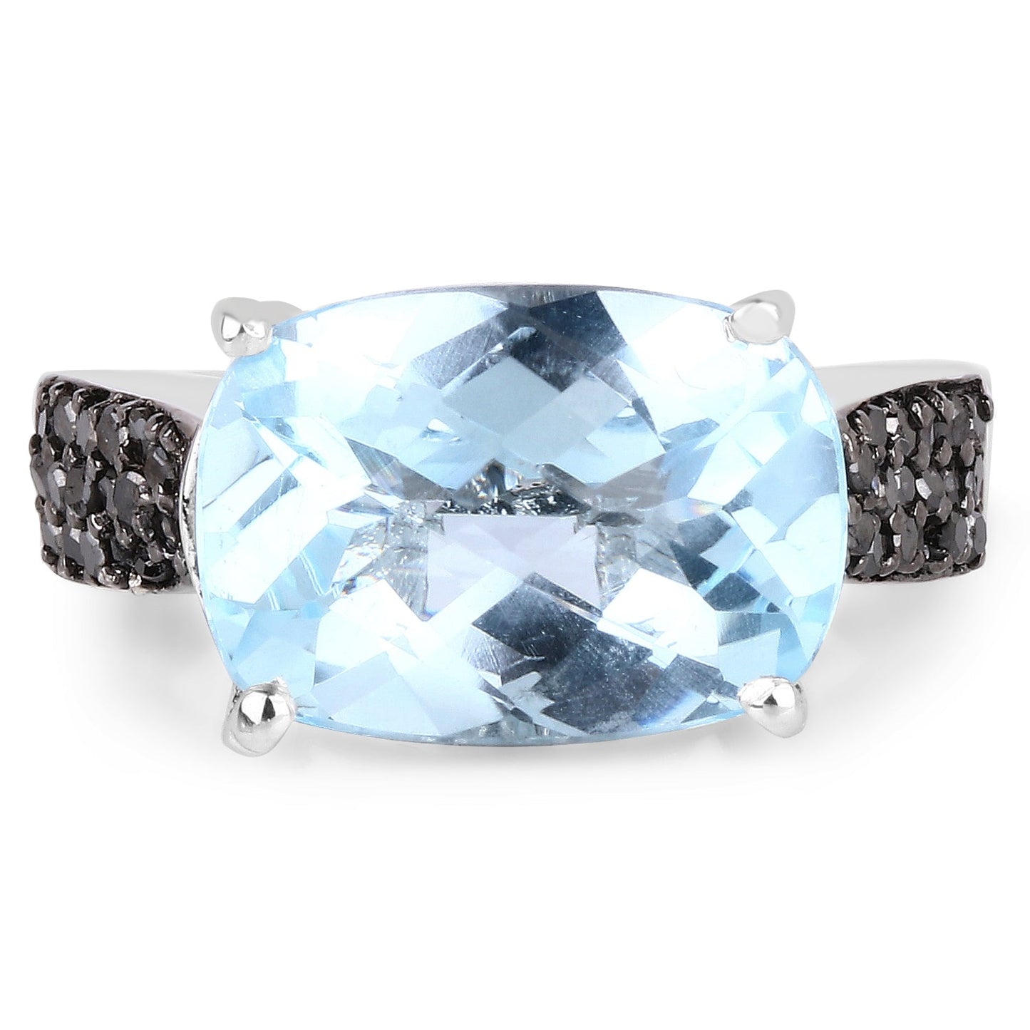 Anillo de plata esterlina con topacio azul suizo de 3.96 quilates y diamantes negros