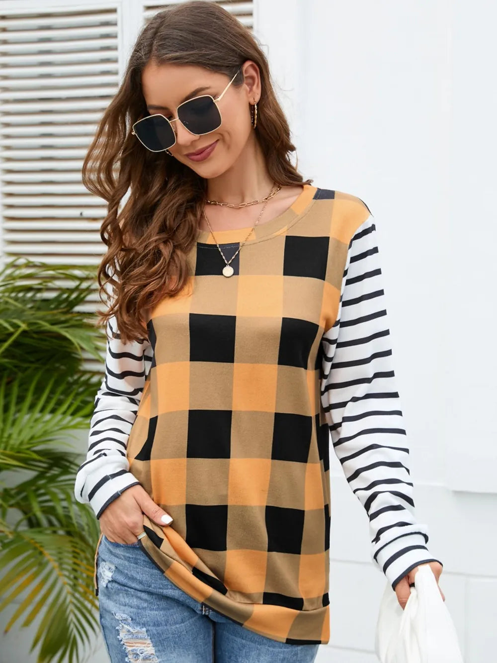 Plaid Striped Round Neck Long Sleeve T-Shirt - Korvel