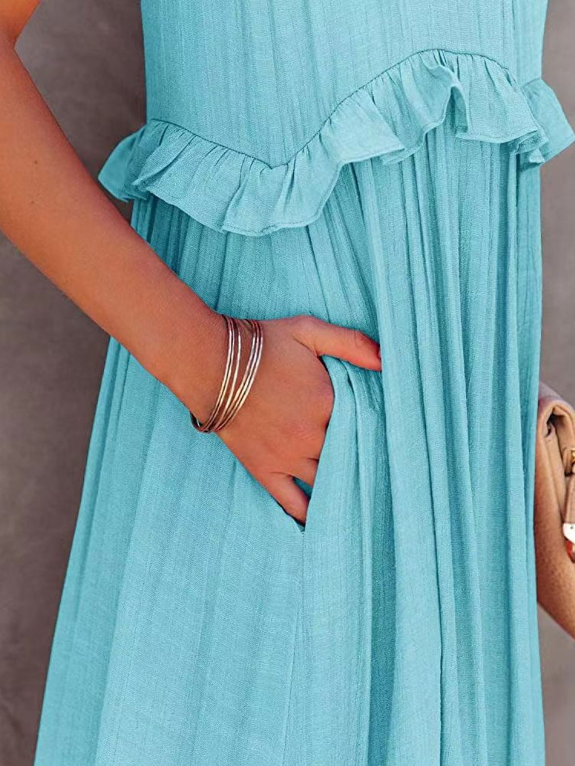 Elegant Ruffled Sleeveless Tiered Maxi Dress with Pockets