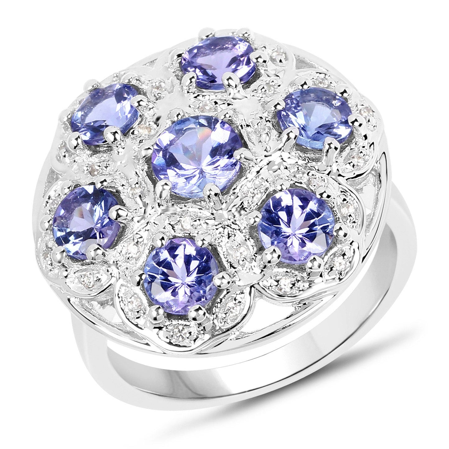 2.00 Carat Genuine Tanzanite and White Zircon Sterling Silver Ring