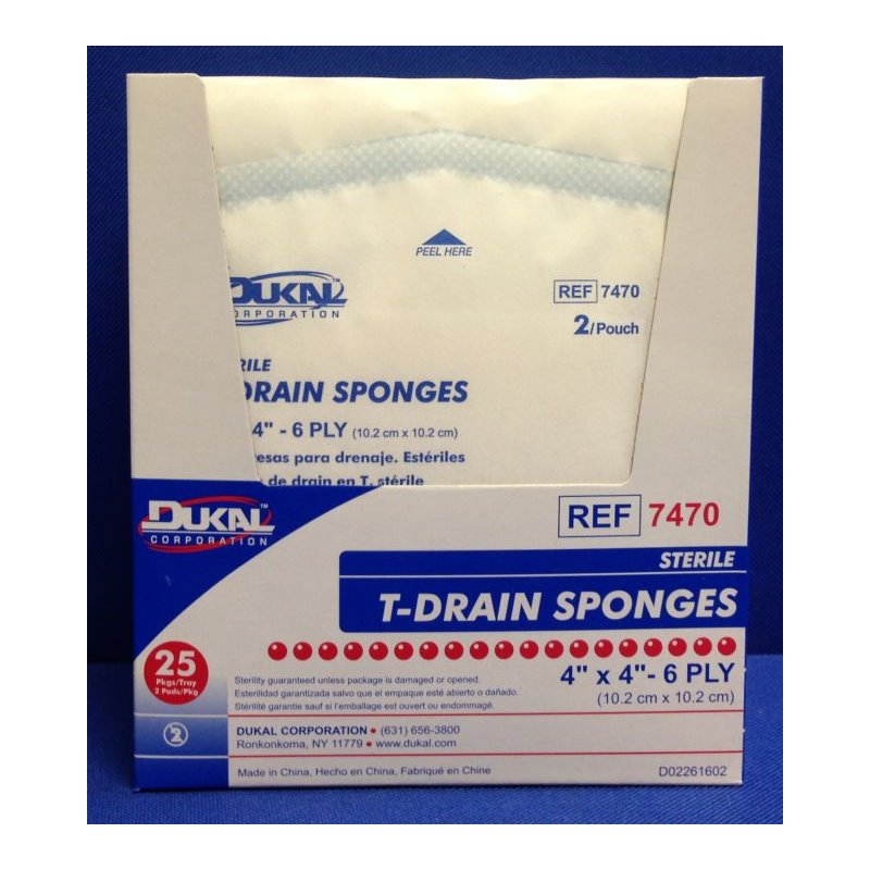 Dukal T-Drain I.V. Sponge Dressing, 4" x 4", Stérile (25 Comptes)