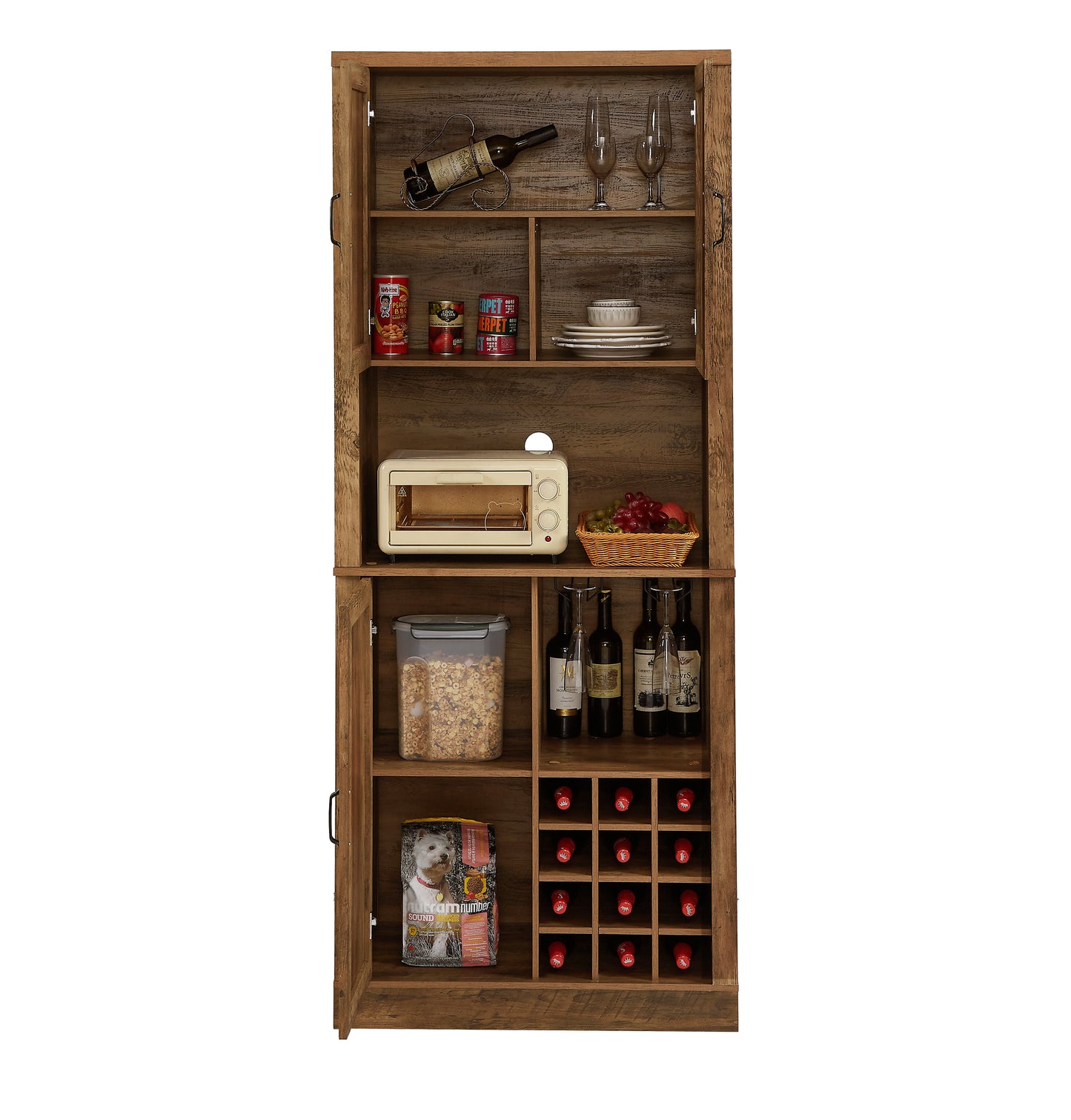 76-Inch Rustic Oak Farmhouse Wine Cabinet with Faux Rattan
