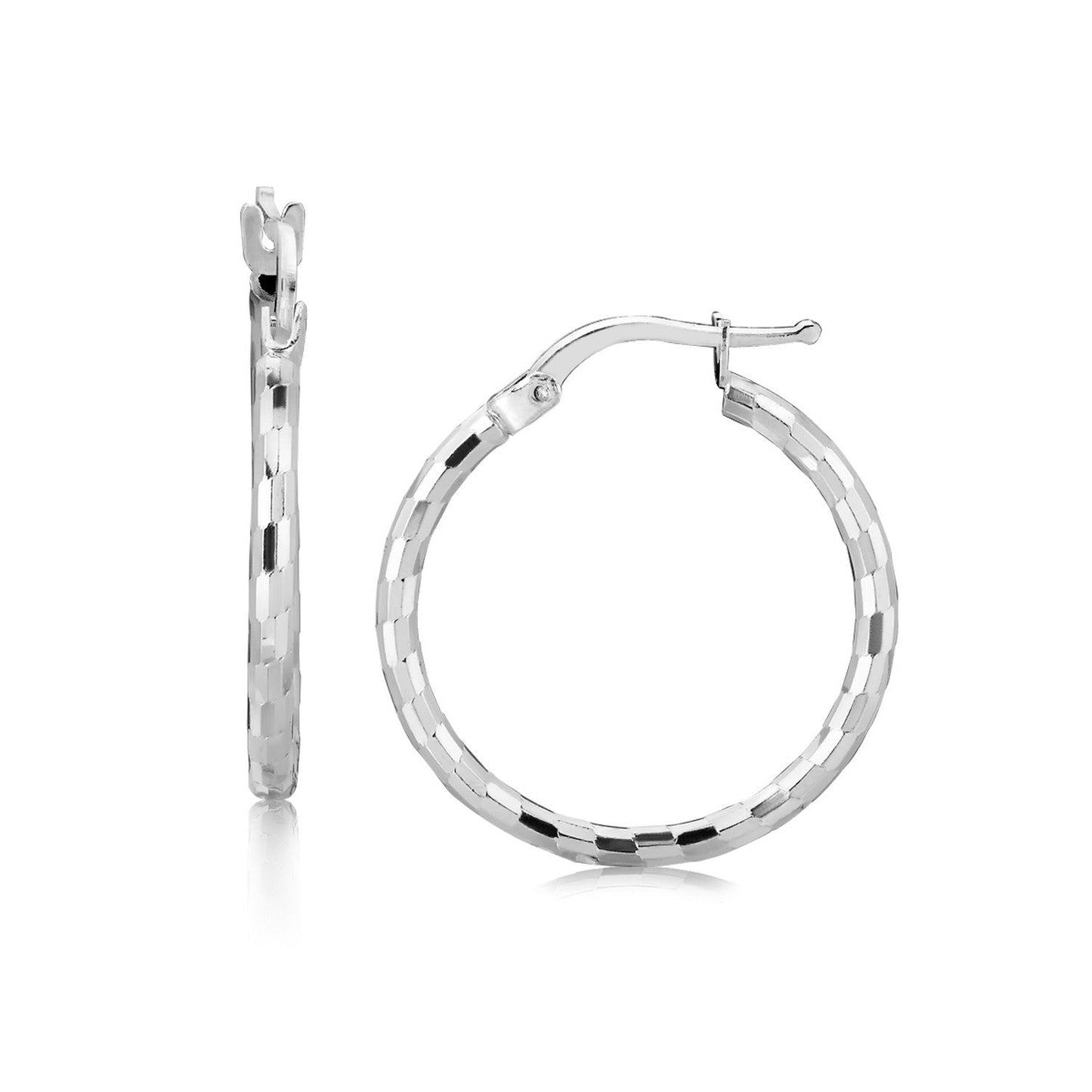 Sterling Silver Diamond Cut Hoop Earrings with Rhodium Plating
