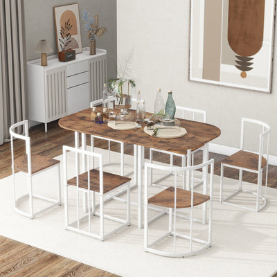 TOPMAX Modern 7-Piece Dining Table Set with Faux Marble Compact 55Inch Kitchen Table Set for 6  White+Cherry - Korvel