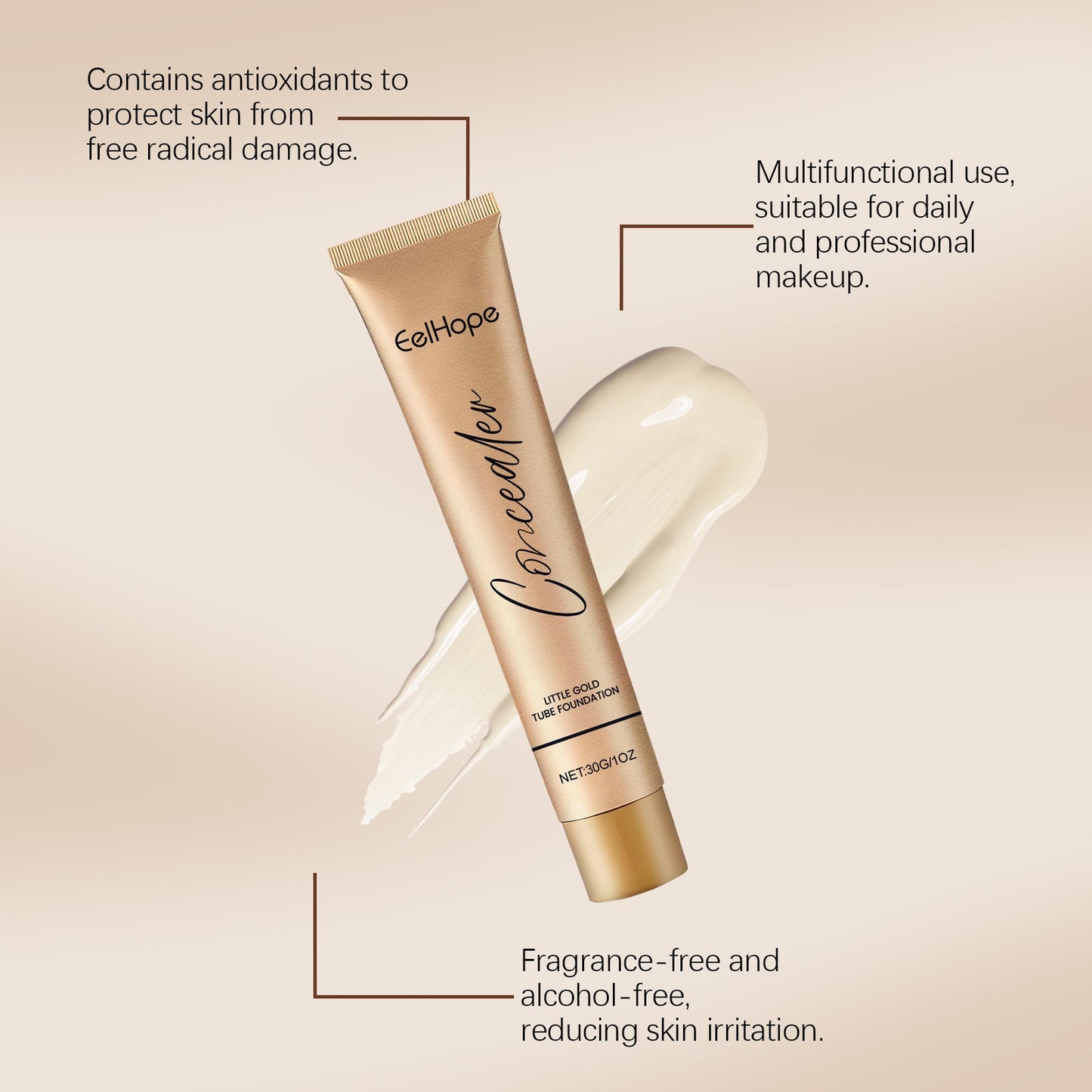 Small Gold Tube Foundation Concealer, Natural Lightweight Skin Concealer Not Easy To Remove Makeup Moisturizing Liquid Foundation - Korvel
