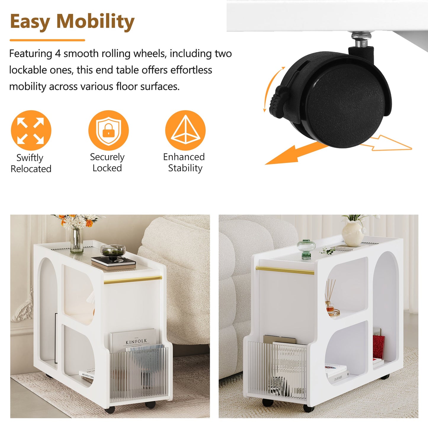 Table d'appoint mobile élégante avec roues verrouillables et verre trempé