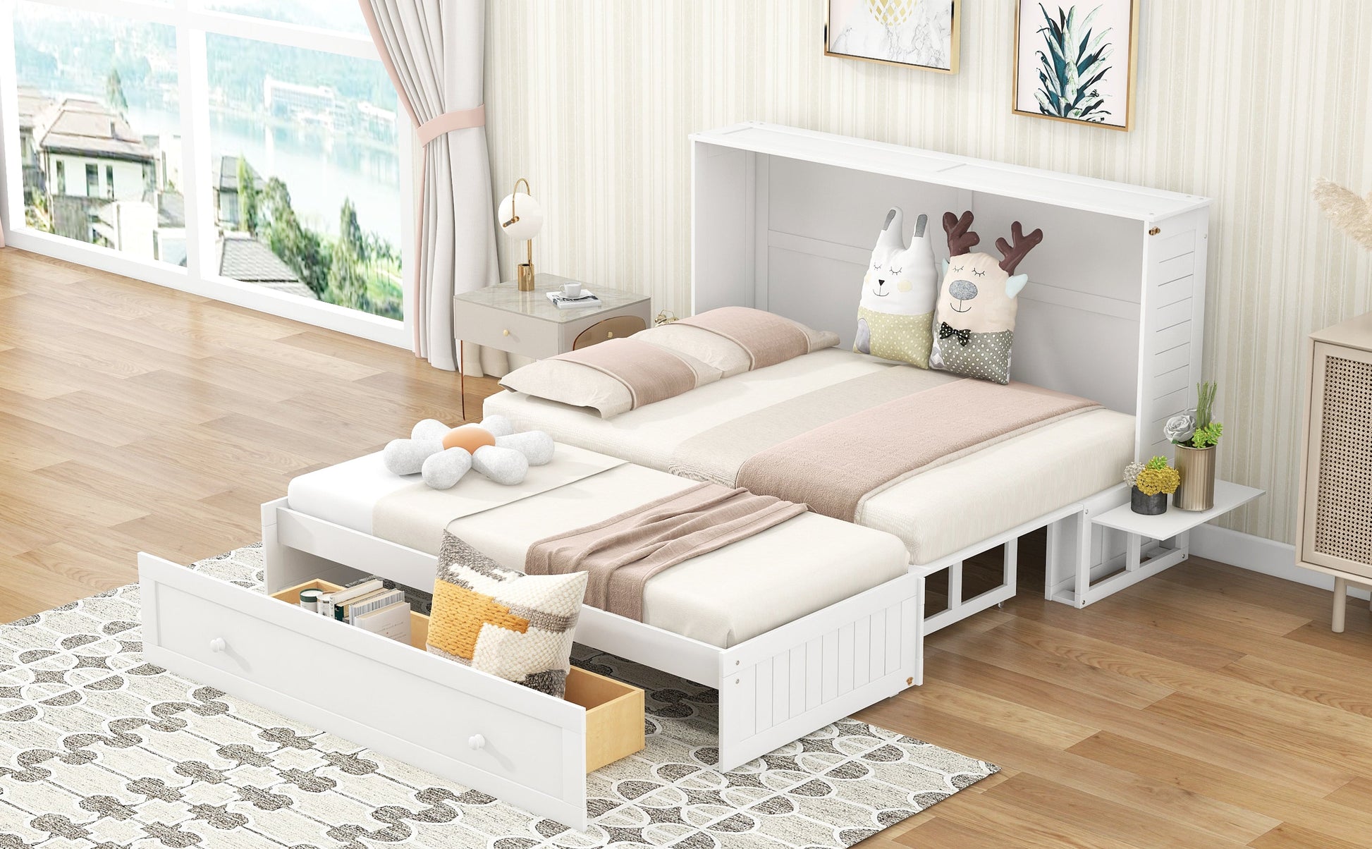 Queen Size Mobile Murphy Bed with Drawer and Little Shelves on Each Side White - Korvel
