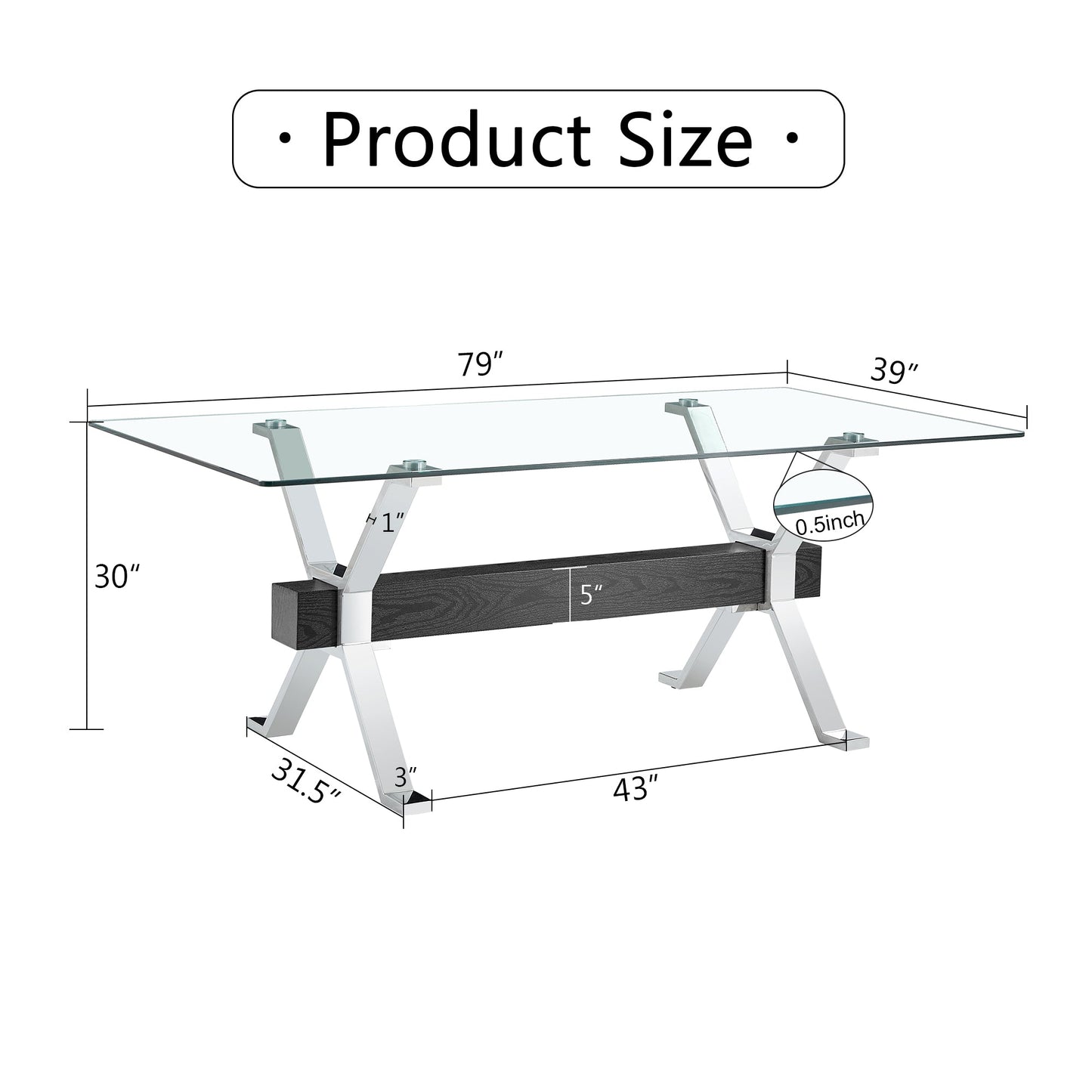 Dining table Modern tempered glass dining table Large modern office desk with silver plated metal legs and MDF crossbars - Korvel