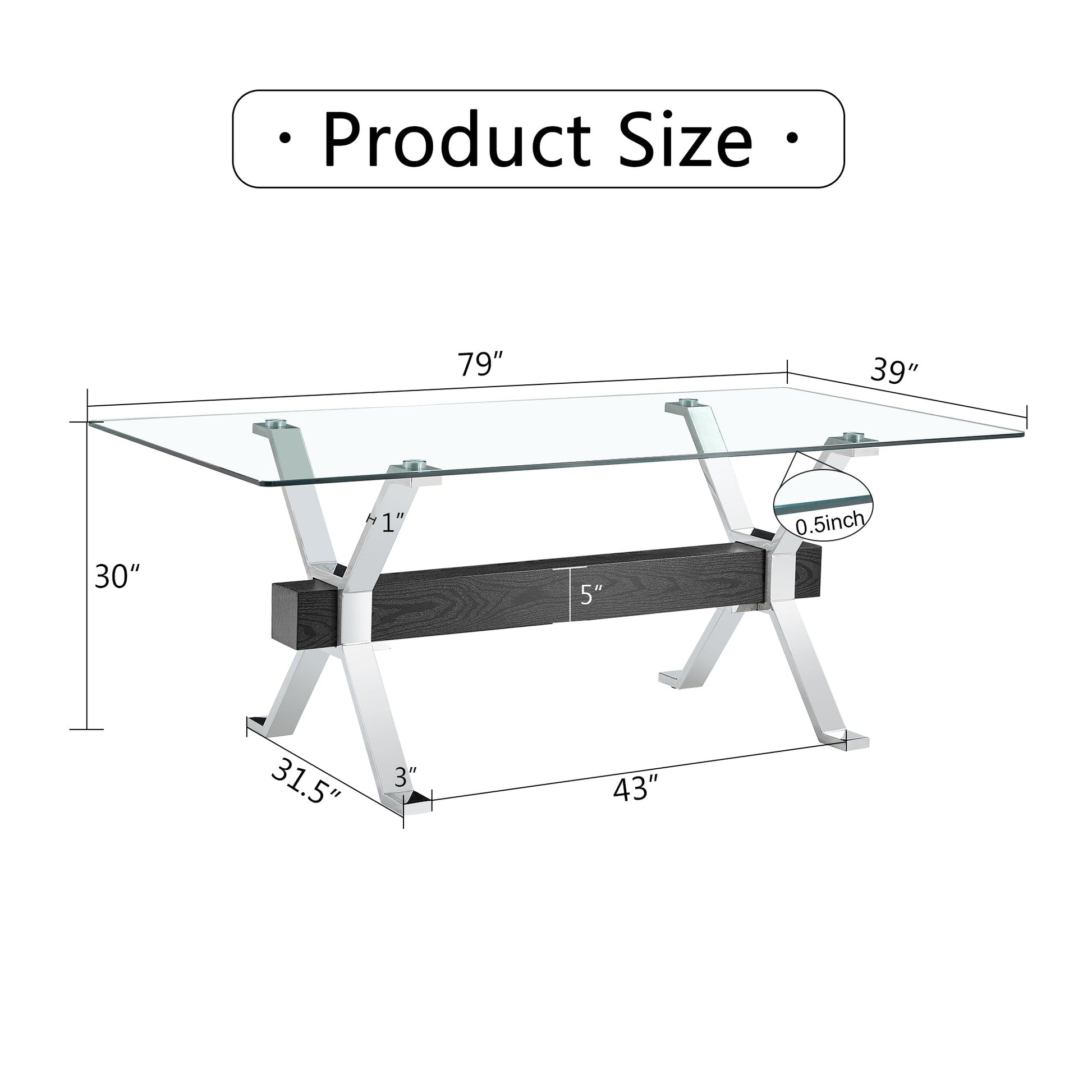 Dining table Modern tempered glass dining table Large modern office desk with silver plated metal legs and MDF crossbars - Korvel