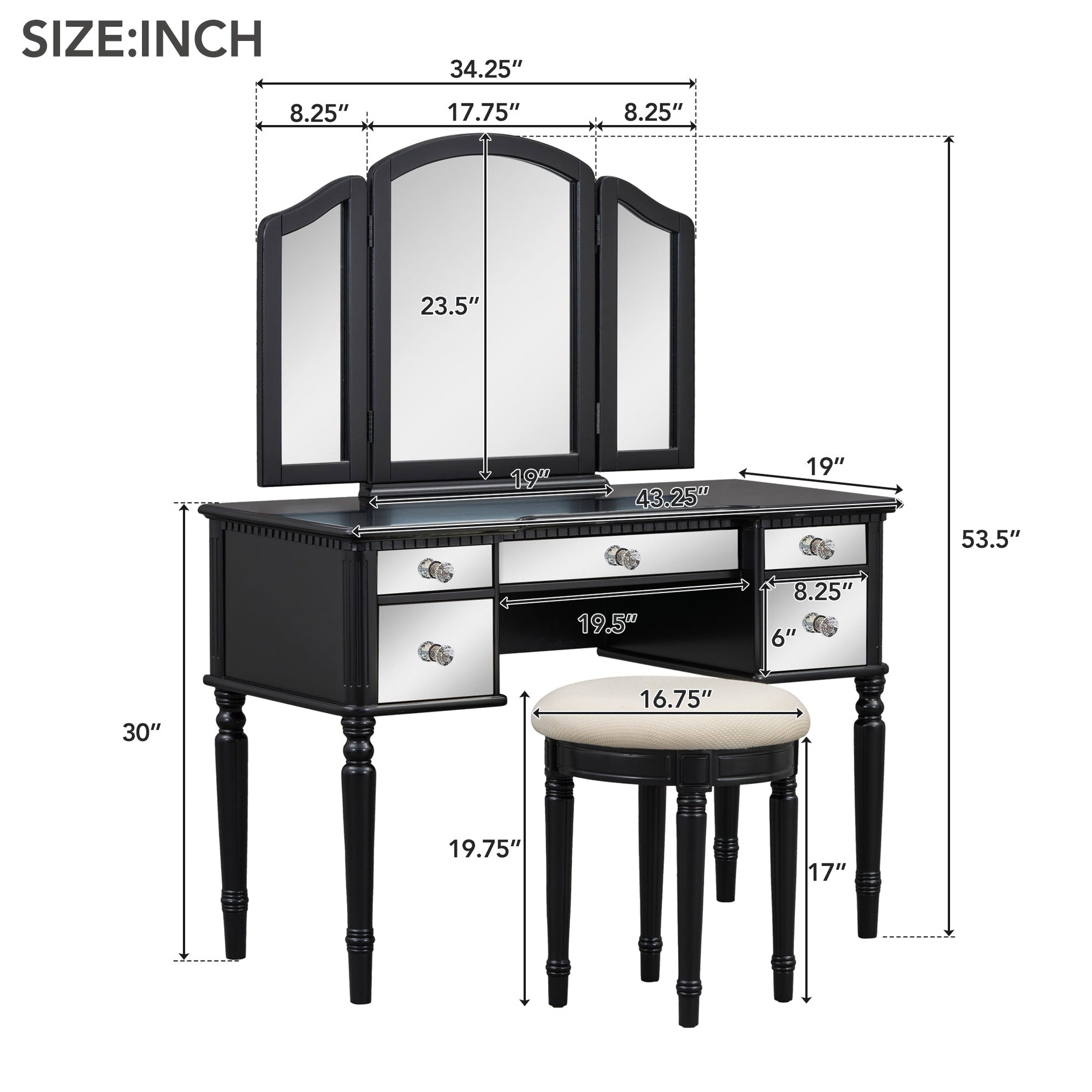 GO 43" Dressing Table Set with Mirrored Drawers and Stool, Tri-fold Mirror, Makeup Vanity Set for Bedroom, Black - Korvel