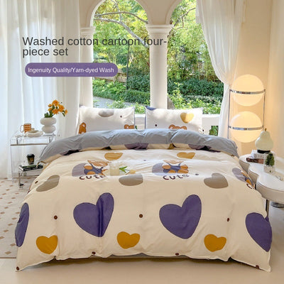 Cartoon Four-Piece Set Fresh Autumn and Winter Single Student Dormitory Bedding Sheet Three-Piece Set Single Quilt Cover - Korvel