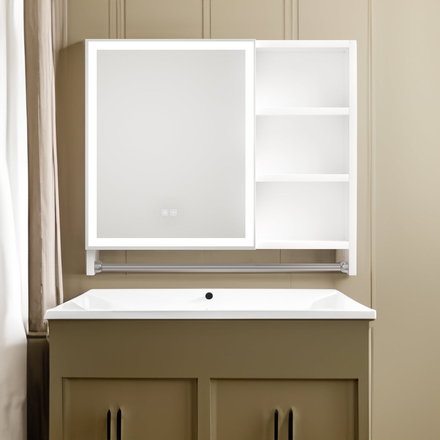 Cabinet de rangement moderne pour salle de bain 32x28 pouces avec éclairage LED