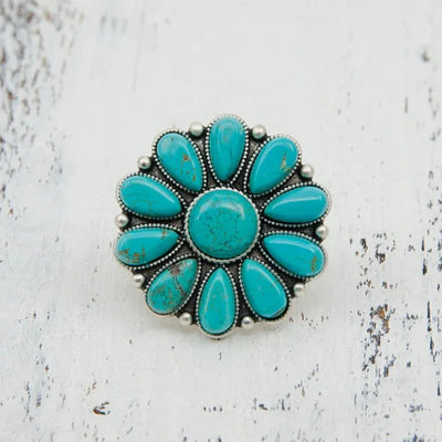 Artificial Turquoise Alloy Flower Ring - Korvel