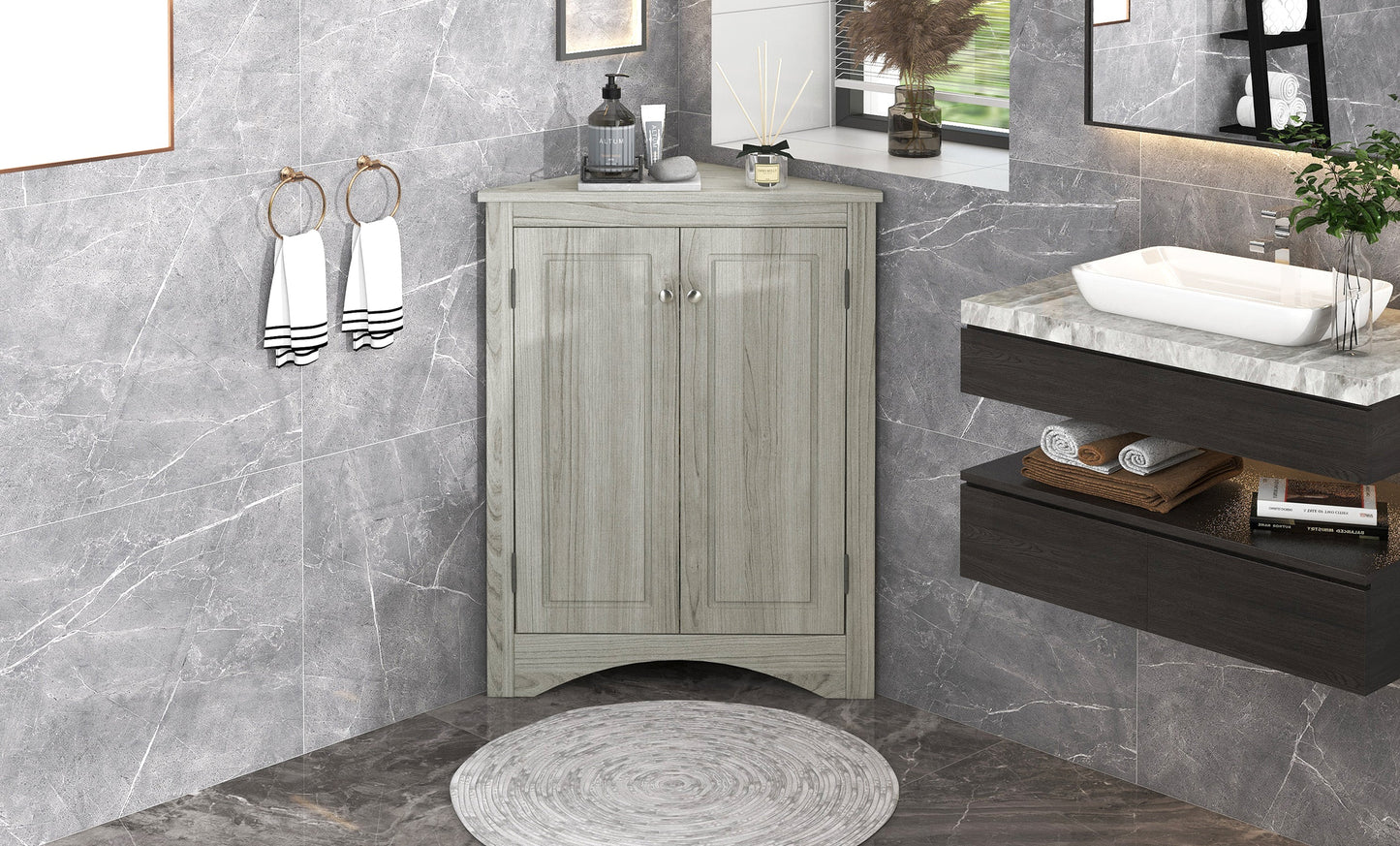 Oak Triangle Bathroom Storage Cabinet with Adjustable Shelves, Freestanding Floor Cabinet for Home Kitchen - Korvel