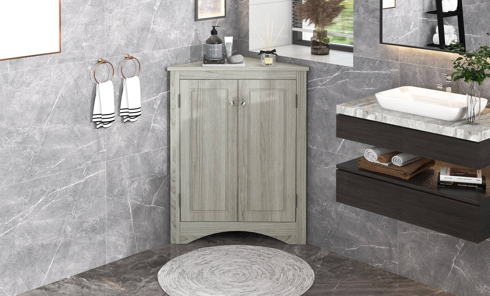 Oak Triangle Bathroom Storage Cabinet with Adjustable Shelves, Freestanding Floor Cabinet for Home Kitchen - Korvel