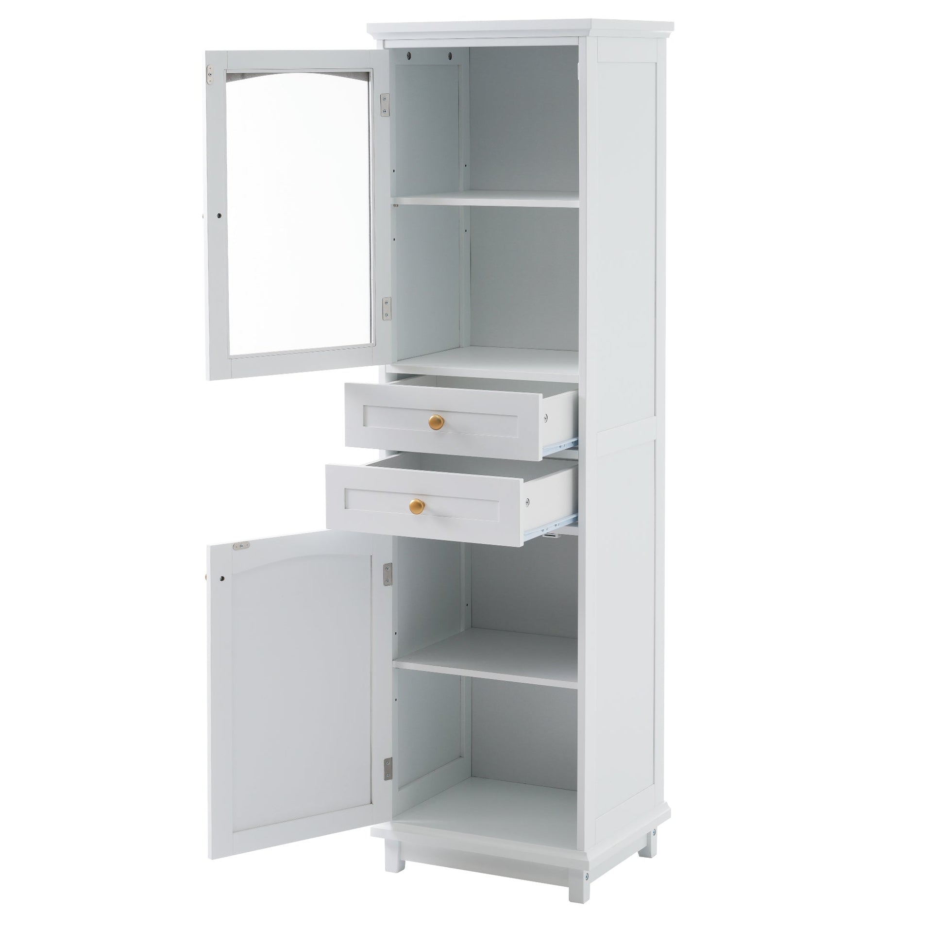 High bathroom storage cabinet with glass door, freestanding, two drawers and adjustable shelves, MDF board, painted white - Korvel