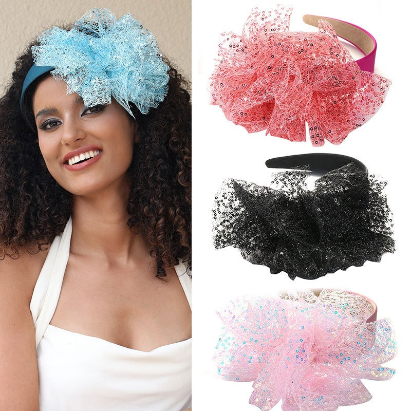 Solid color sequin flower wide edge girl style mesh headband - Korvel