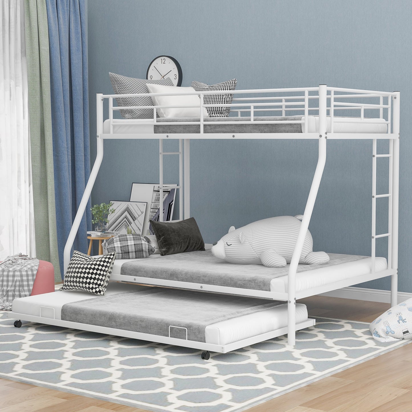Twin over Full Bunk Bed with Trundle and Steel Frame - White